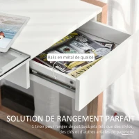 HOMCOM Bureau Informatique Table de Travail Ordinateur avec Grand Plateau en Verre Trempé et Tiroir Intégré Idéal pour Bureau Chambre 120 x 60 x 75 cm Blanc et Bois(m-6)