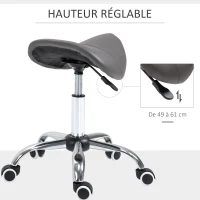 HOMCOM Tabouret à roulettes, tabouret de massage avec hauteur réglable 49-61 cm et selle ergonomique, chaise de travail à roulettes pivotant 360°, pour salon de massage, tatouage, clinique, spa, gris(m-4)