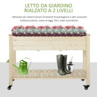 Outsunny Letto per Orto Rialzato in Legno con Rotelle e Ripiano Inferiore, 118x55x83cm, Legno Naturale(m-4)
