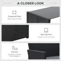 Outsunny 4 Pieces PE Rattan Garden Sofa Set with Cushions, Outdoor Patio Wicker Weave Conservatory Furniture Set with a Loveseat, 2 Armchairs and a Glass Top Coffee Table, Black(m-6)