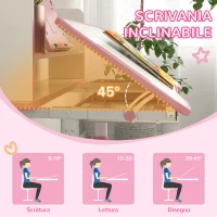 ZONEKIZ Set Scrivania per Bambini con Sedia Regolabile in Altezza e Piano Inclinabile, Età 6-12 Anni, Rosa(m-7)