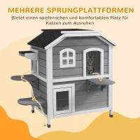 PawHut Katzenhaus aus Holz 2-Etagen Winterfest wasserdicht Katzenhütte mit Asphaltdach klappbarem Deckel Treppe Katzenhöhle Outdoor Schutzhütte für Draußen Garten Balkon 78 x 55,5 x 91 cm Grau(m-7)