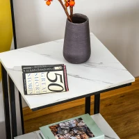 HOMCOM Mesa Auxiliar para Salón Mesa Lateral con 2 Estantes de Almacenaje y Estructura de Acero Superficie Imitación Mármol Estilo Moderno 45x40x61,5 cm Blanco(m-8)