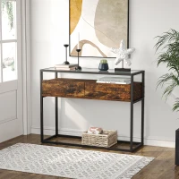 HOMCOM Entryway Console Table, Industrial Style Sofa Table with Drawers,Tempered Glass Top,Robust Steel Frame, Easy Assembly, for Living Room, Hallway, Rustic Brown and Black(m-2)