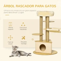PawHut Árbol Rascador para Gatos Ø60x99 cm con Cueva Triangular de Fieltro Extraíble Hamaca Cama Lavable Postes Rascador de Yute Plataformas y Bola Colgante Beige y Natural(m-4)