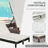 Outsunny Bain de soleil transat 2 places - grand confort - dossier inclinable multi-positions - matelas fournis crème - résine tressée 4 fils marron(m-5)