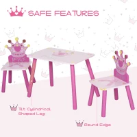 HOMCOM 3 Pcs Kids and Table Chair Set Princess & Crown Theme Home Furniture Pretty Gift 2-4 Years Pink(m-4)