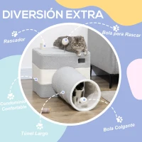 PawHut Túnel para Gatos con Cueva Tubo de Juguete para Mascotas con Orificio Superior y Bola Colgante 48x95x58 cm Gris(m-4)