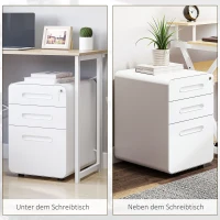 Vinsetto Rollcontainer mit 3 Schubladen mobiler Aktenschrank mit Rollen abschließbar Büroschrank mit Hängeregistratur Stiftfach, Bürocontainer Schreibtisch Unterschrank für Büro 39x48x59cm Weiß(m-7)