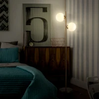 HOMCOM 2 Lights Tree Floor Lamp for Living Room with Globe Lampshade, Standing Lamp for Bedroom, Bulb not Included, Gold Tone(m-10)