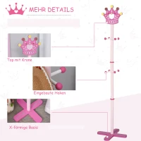 HOMCOM Kindergarderobe aus Holz Kleiderständer mit Prinzessinnen-Motiv Garderobenständer mit Haken Kinderzimmer Standgarderobe für Kleinkind Mädchen Massivholz 35 x 35 x 142 cm(m-4)