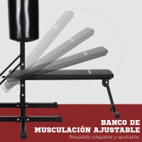 HOMCOM Estación de Musculación con Saco de Boxeo 20 kg Barra de Dominadas y Banco de Pesas Plegable 180x183x219 cm Negro(m-4)
