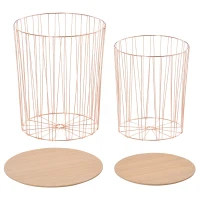 HOMCOM Beistelltisch mit Stauraum 2er Set Metall Korb mit Holzdeckel Nachttisch Natur+Rosa Gold  Ø40,7 x 49,5 cm Ø33,8 x 40,8 cm(m-10)