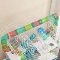 PawHut 4 Tier Hamster Cage w/ Tubes, Exercise Wheel, Hut, Water Bottle, Food Dish, Ramps, for Dwarf Hamster, Light Blue(m-9)