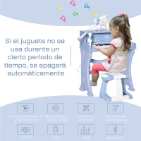 HOMCOM Piano Electrónico Infantil de 37 Teclas Juego de Piano con Modelo Pedagógico Micrófono Taburete Luces y 22 Canciones USB/MP3/Bluetooth Karaoke 53,5x27x63 cm Azul(m-4)