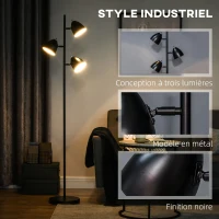 HOMCOM Lampadaire sur pied salon style industriel 3 abat-jours orientables en acier 38 x 28 x 169 cm noir(m-4)