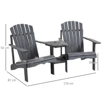 Outsunny Wooden Outdoor Double Adirondack Chairs Loveseat w/ Centre Table and Umbrella Hole, Garden Patio Furniture for Lounging and Relaxing, Dark Grey(m-3)