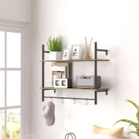HOMCOM Wall Mounted Floating Shelves with 4 Hooks, Rustic Wall Shelf Unit for Living Room, Entryway, Grey(m-2)