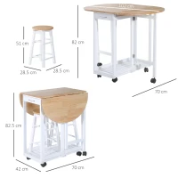 HOMCOM 3 Pieces Dining Room Set, Mobile Foldable Dining Table and 2 Stools with Storage Shelf, 2 Drawers and 6 Wheels, Drop Leaf Bar Table and Stools for Home Kitchen Pub, White(m-3)