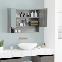 kleankin Spiegelschrank Badschrank mit zwei Türen und Ablage wasserfest Grau 80 x 15 x 60cm(m-2)