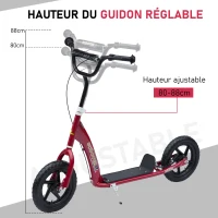 HOMCOM Trottinette patinette Enfants à partir de 5 Ans pneus 30 cm Guidon réglable poignée Frein et béquille Acier Rouge(m-5)