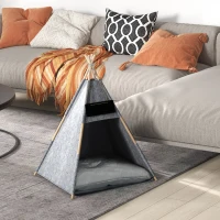 PawHut Tipi Tienda para Mascotas Tienda de Campaña para Mascotas con Cojín Extraíble Lavable Pizarra de Fieltro Madera para Perros Pequeños Gatos 58x58x80 cm Gris(m-8)