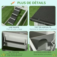 PawHut Clapier de sol cage à lapin cottage niche supérieure avec rampe enclos extérieur 150 x 52 x 68 cm gris(m-7)