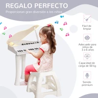 AIYAPLAY Juego de Piano Infantil de 32 Teclas con Micrófono Taburete Luces 22 Canciones y 4 Sonidos 37x30,5x60,4 cm Blanco(m-5)