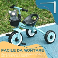AIYAPLAY Triciclo per Bambini da 2-5 Anni con Seduta Regolabile e Campanello, 70.5x50x58cm, Blu(m-7)