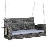Outsunny Hängebank 2-Sitzer Rattan Gartenschaukel mit Sitzkissen Hängeschaukel Hollywoodschaukel Schaukelbank Gartenbank Grau 127 x 65 x 60 cm(m-10)