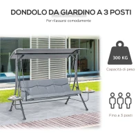 Outsunny Dondolo da Giardino a 3 Posti , Dondolo da Esterno con Tettuccio Regolabile e 2 Tavolini, Grigio 271x125x177cm(m-4)