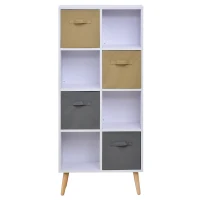 HOMCOM Armadietto Libreria in Legno Bianco 8 Ripiani e 4 Cassetti Pieghevoli in Tessuto Grigio e Marrone 54.5x24x122.5cm(m-10)