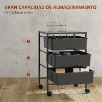 HOMCOM Carrito Auxiliar con Ruedas con 3 Cestas para Almacenamiento y Marco de Acero para Cocina Baño 40,8x33,5x60,5 cm Negro(m-4)