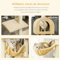 PawHut Árbol Rascador para Gatos Altura 98 cm Torre Escalador con Cueva Cesta Hamaca Escalera Plataformas y Postes Rascadores de Sisal Natural 54x29,5x98 cm Beige(m-5)