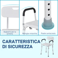 HOMCOM Sedia per Doccia in Alluminio con Altezza Regolabile e Piedini Antiscivolo, 51.5x51.5x71-84cm, Bianco(m-5)