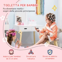 ZONEKIZ Set Toeletta per Bambini con Tavolo Trucco e Sgabello, Specchio e 2 Cassetti, Bianco e Colore Legno(m-4)