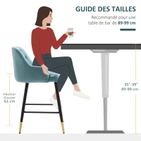 HOMCOM Lot de 2 tabourets de bar chaises hautes capitonnées aspect velours, pieds métal noir et doré avec repose-pieds, accoudoirs hauteur 61 cm - bleu(m-7)