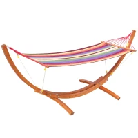 Outsunny Outdoor Hammock with Stand, Free Standing Hammock with Arc Wooden Frame and 200 x 100cm Fabric, Garden Swing Hanging Bed with Safe Ropes, Multicolour(m-10)