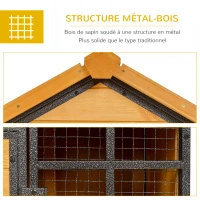 PawHut Clapier cage à lapins cottage - niche supérieure avec rampe et enclos extérieur - plateau excrément, fenêtre, 2 portes verrouillables - métal époxy sapin pré-huilé(m-6)