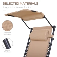 Outsunny Foldable Reclining Garden Chair with Headrest, Zero Gravity Deck Sun Lounger Seat Chair with Footrest, Armrest, Cup Holder & Canopy Shade, Beige(m-5)