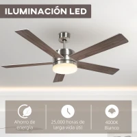 HOMCOM Ventilador de Techo con Luz LED 46W Ventilador de Techo Silencioso Ø132 cm con 5 Aspas Reversibles Control Remoto Haya(m-5)