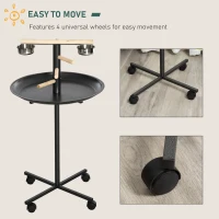 PawHut Parrot Perch Stand, Large Bird Play Stand, Metal Bird Table Feeder Station with Stainless Steel Bowls, Four Wheels, Round Tray, Black(m-4)