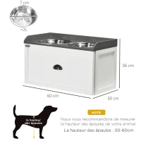 PawHut Gamelle double chien chat - porte-gamelles surélevé rangement 2 en 1 - tiroir, 2 gamelles - acier inox. MDF blanc gris(m-3)