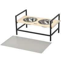 PawHut Futterstation, 2 herausnehmbare Fressnäpfe, höhenverstellbar, Napfunterlage, Natur+ Schwarz + Silber(m-10)