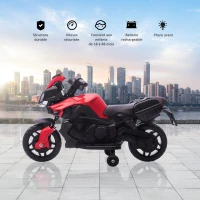 HOMCOM Moto électrique Enfant 6 V 3 Km/h Effet Lumineux et sonore roulettes Amovibles Repose-Pied valises latérales métal PP Rouge Noir(m-5)