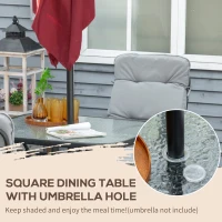 Outsunny 5 Pieces Outdoor Square Garden Dining Set w/ Tempered Glass Dining Table 4 Cushioned Armchairs, Umbrella Hole, Grey(m-4)