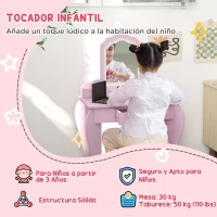 ZONEKIZ Tocador Infantil para Niñas y Niños de +3 Años con Taburete Espejo Cajón y Cajas de Almacenaje Forma de Nube Rosa(m-4)