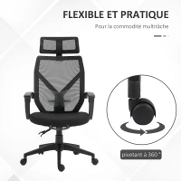 HOMCOM Fauteuil de bureau manager grand confort dossier ergonomique inclinable hauteur assise réglable pivotant tissu maille noir(m-8)