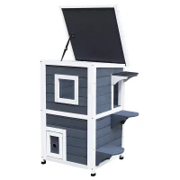 PawHut Katzenhaus aus Holz 2 Etagen Winterfest wasserdicht Katzenhütte mit Asphaltdach Treppen Fenster Katzenhöhle Outdoor Schutzhütte für Draußen Garten Balkon 51 x 51 x 81,3 cm Grau(m-10)
