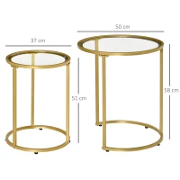 HOMCOM Juego de 2 Mesitas Auxiliares Anidadas con Estructura de Metal y Encimera de Cristal Ø50x58 cm y Ø37x51 cm Dorado(m-3)
